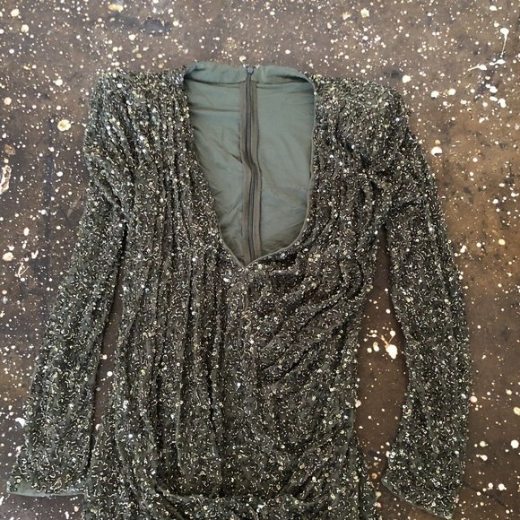 retrofete Yael Dres Olive Green Mini Sequin Deep V Party - Picture 9 of 11